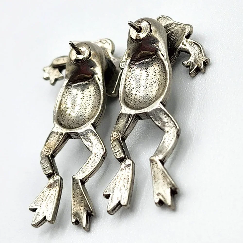 Vintage J.J. Jonette Jewelry Pewter 3D Frog Toad Two Piece Pierced Earrings